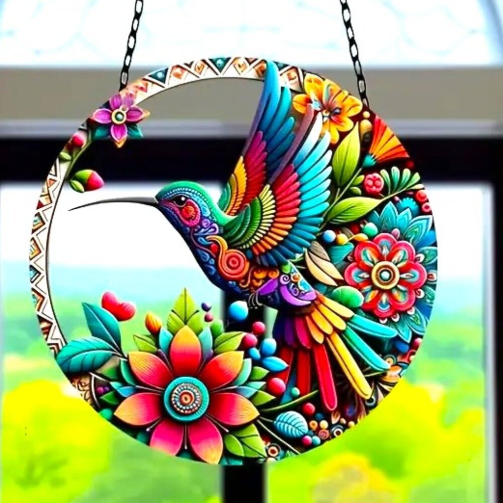 Suncatcher Hummingbird Flower Hanging Window Decor Folk Art Colorful In/Outdoor
